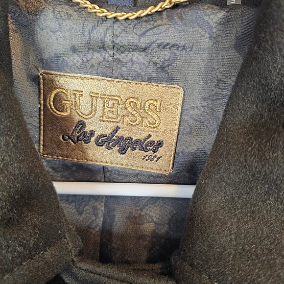 Women's Large Guess Red Wool Blend Long Trench Pea Coat Double-Breasted Military - Picture 4 of 12